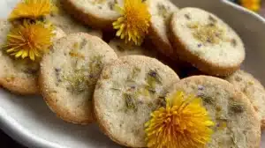 Honey Dandelion Shortbread Cookies on a plate, showcasing their golden color and texture.