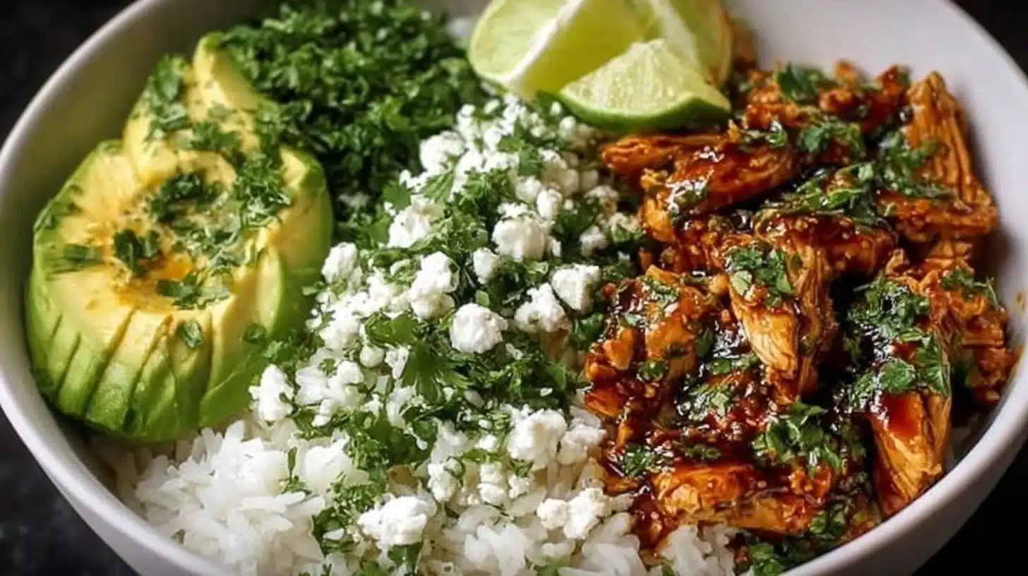 Easy Honey Lime Chicken & Avocado Rice Bowl Everyone Will Love 1 Honey Lime Chicken served in an avocado rice bowl with fresh ingredients.