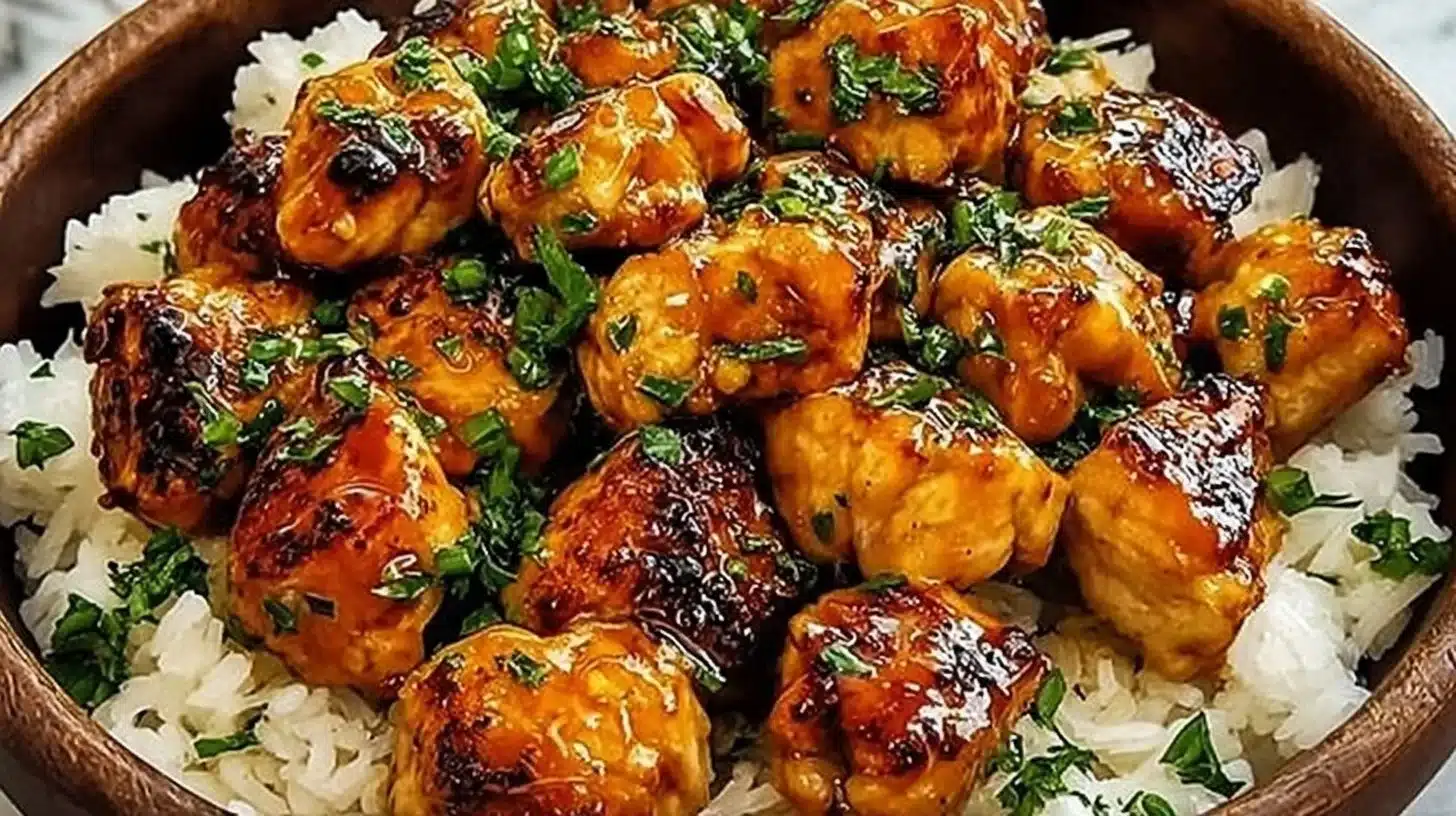 Hot Honey Chicken Bowls for Simple Sweet and Spicy Comfort Food 1 Hot Honey Chicken Bowl topped with fresh ingredients and drizzled with honey.