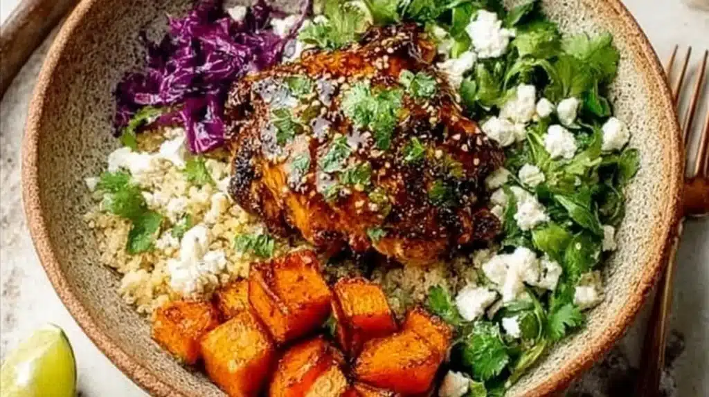 Delicious hot honey chicken bowls with vibrant vegetables and flavorful sauce