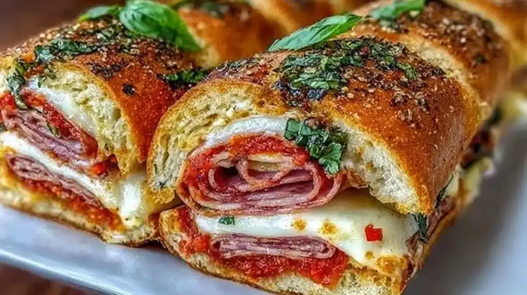 Baked Italian grinder sandwiches made with fresh ingredients and melted cheese.