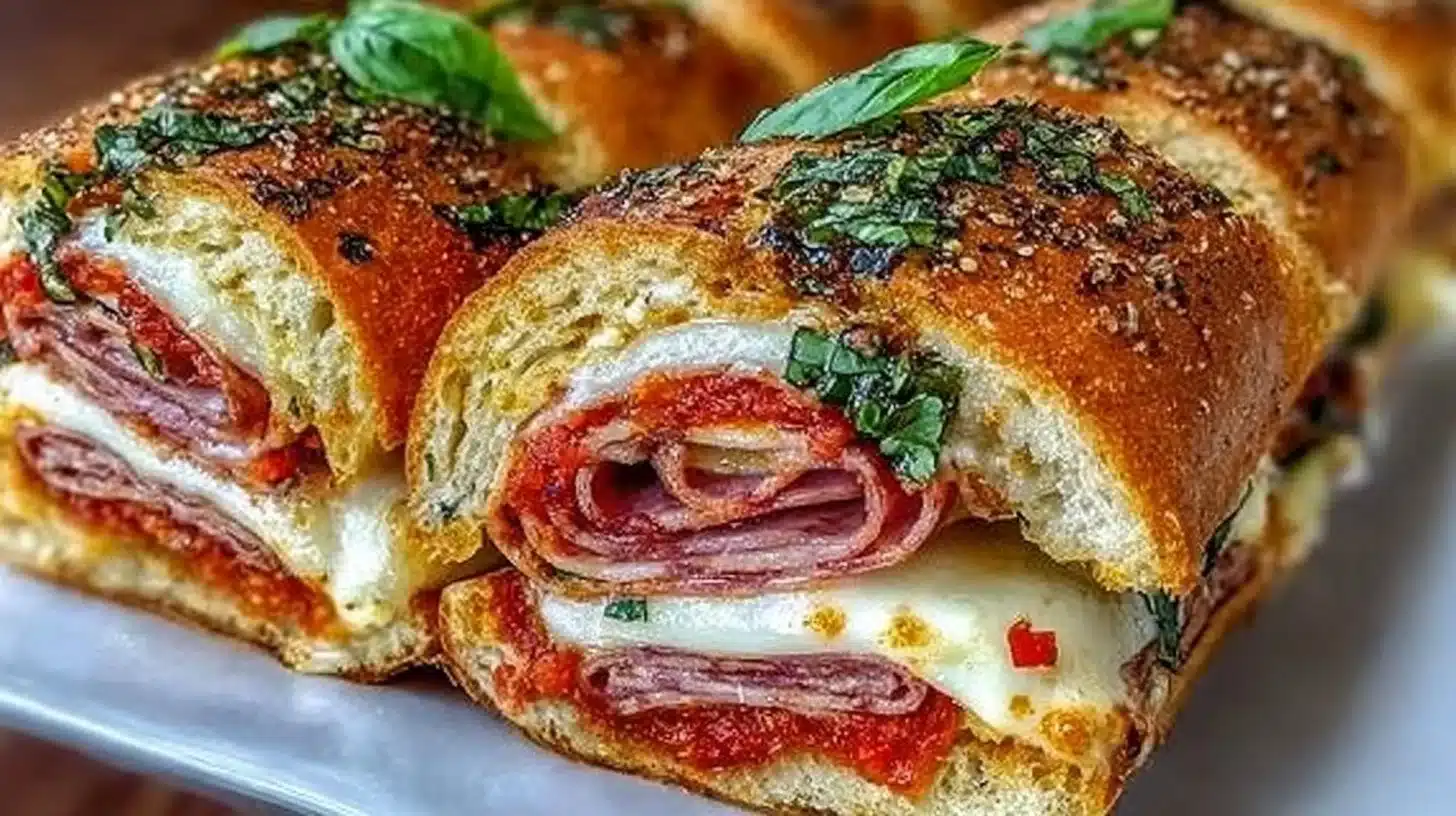 Baked Italian grinder sandwiches made with fresh ingredients and melted cheese.