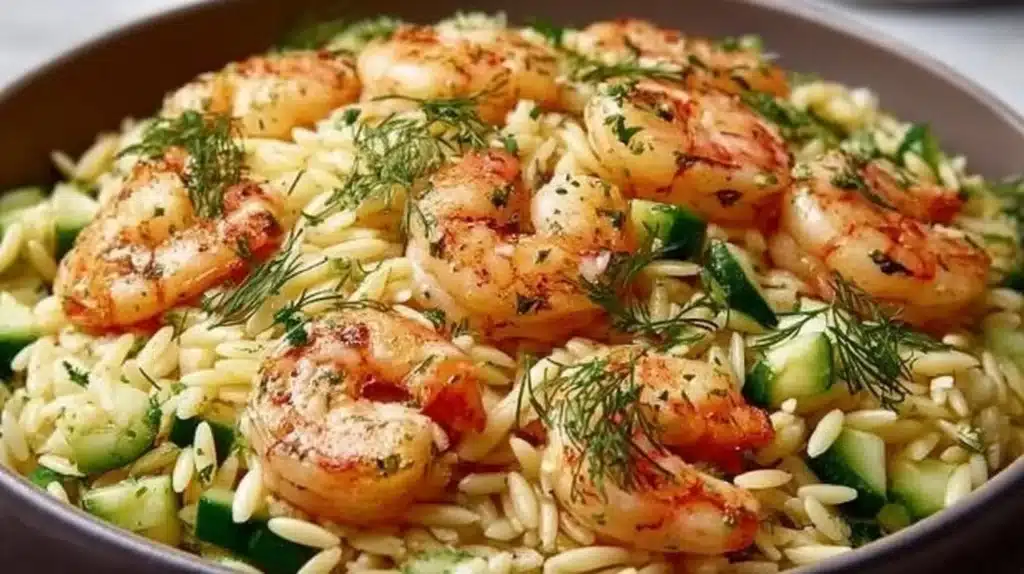 Delicious orzo salad with shrimp, inspired by Ina Garten's recipe.