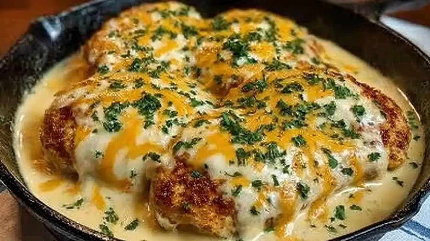 Cheesy sour cream chicken dish topped with melting cheese and sour cream.