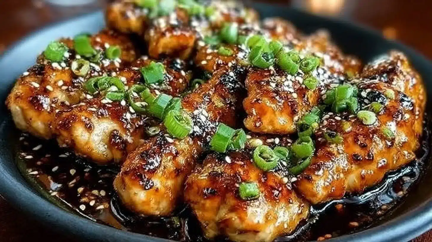 Juicy Korean chicken breast marinated in flavorful sauce and garnished