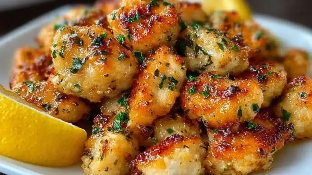 Lemon Garlic Chicken Bites served on a plate with fresh herbs