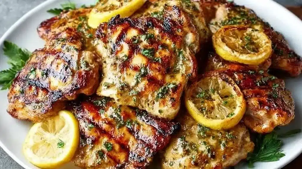 Lemon Garlic Chicken Thighs cooked and served with herbs and lemon slices