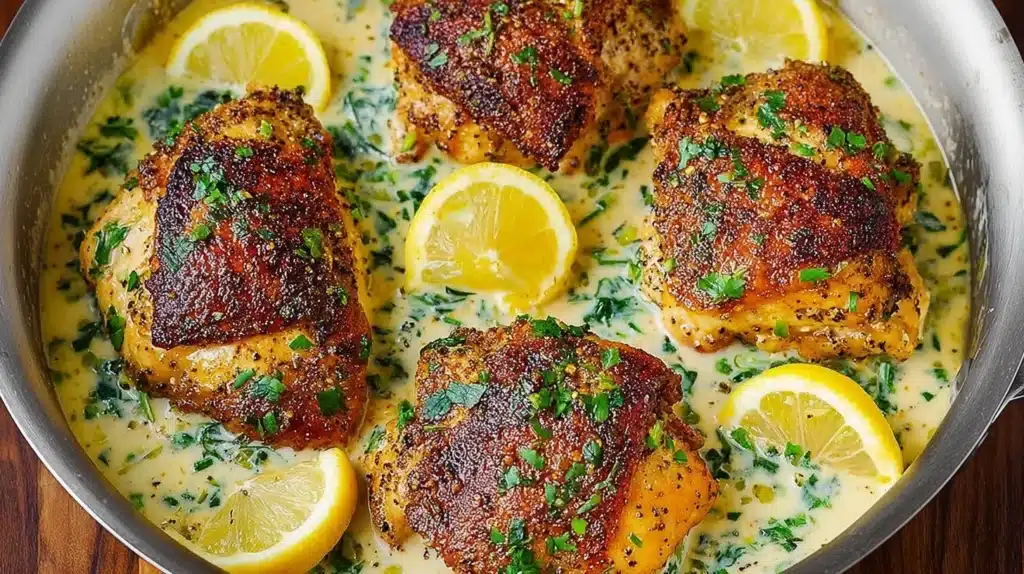 Lemon pepper chicken served with a creamy garlic-lemon sauce on a plate.