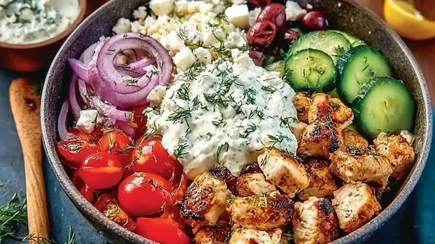 Low-Carb & Keto Greek Chicken Bowls for Simple Summer Dinners 1 Low-carb keto Greek chicken bowl with vegetables and feta cheese
