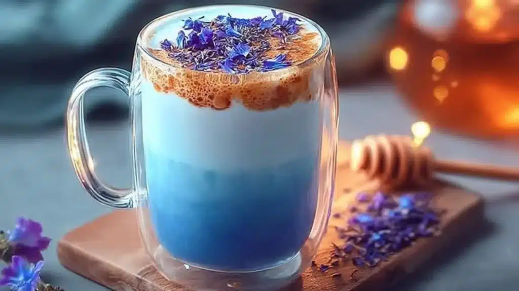 A cup of moon milk tea with a dreamy blue hue, garnished with herbs and spices.