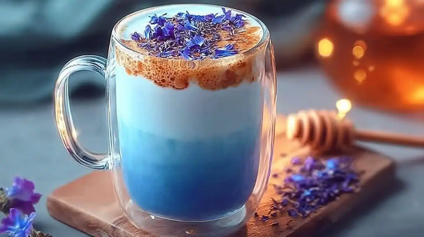 A cup of moon milk tea with a dreamy blue hue, garnished with herbs and spices.