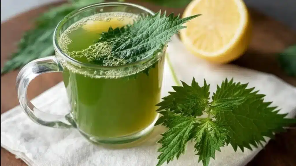 Cup of Nettle Leaf Energy Tea brewed from fresh nettle leaves