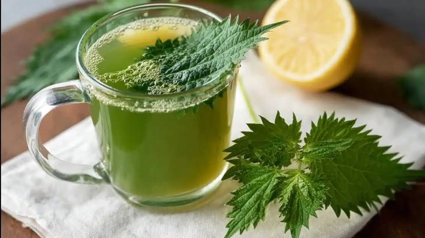 Cup of Nettle Leaf Energy Tea brewed from fresh nettle leaves