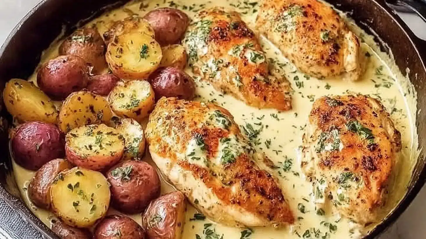 One Pan Chicken and Potatoes in Creamy Dijon Sauce Recipe 1 One Pan Chicken and Potatoes in Creamy Dijon Sauce served on a plate