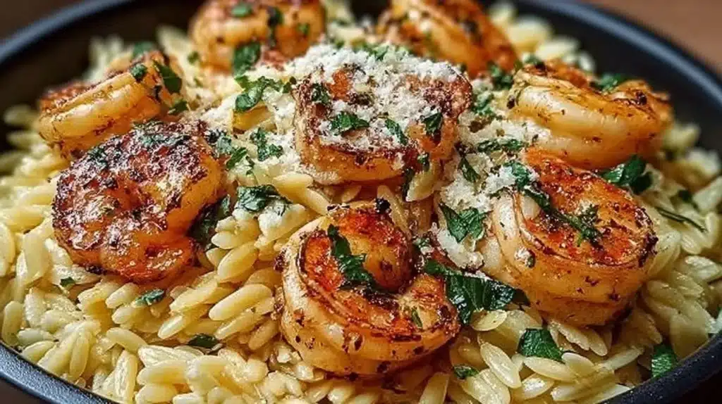 One Pan Parmesan Orzo with Shrimp dish on a plate, garnished and ready to serve.