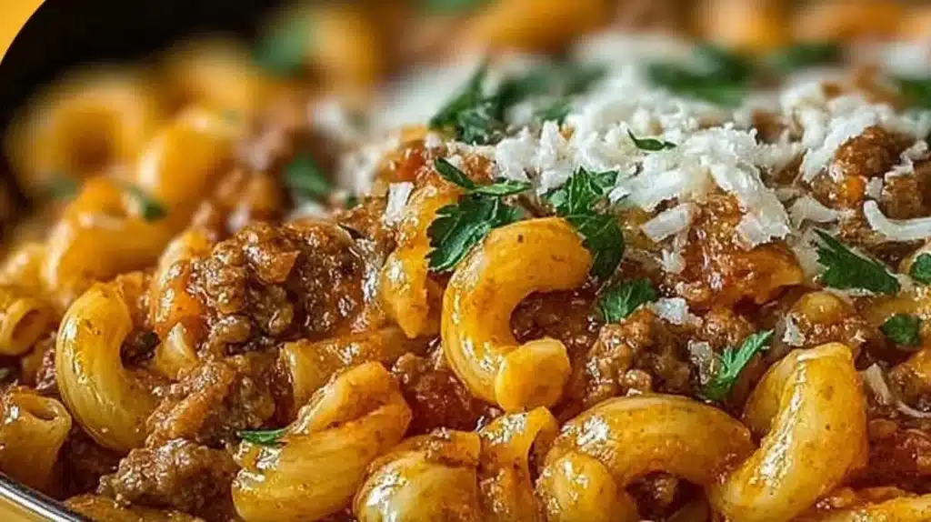 Delicious One Pot Beefaroni served in a bowl, showcasing beef and pasta.
