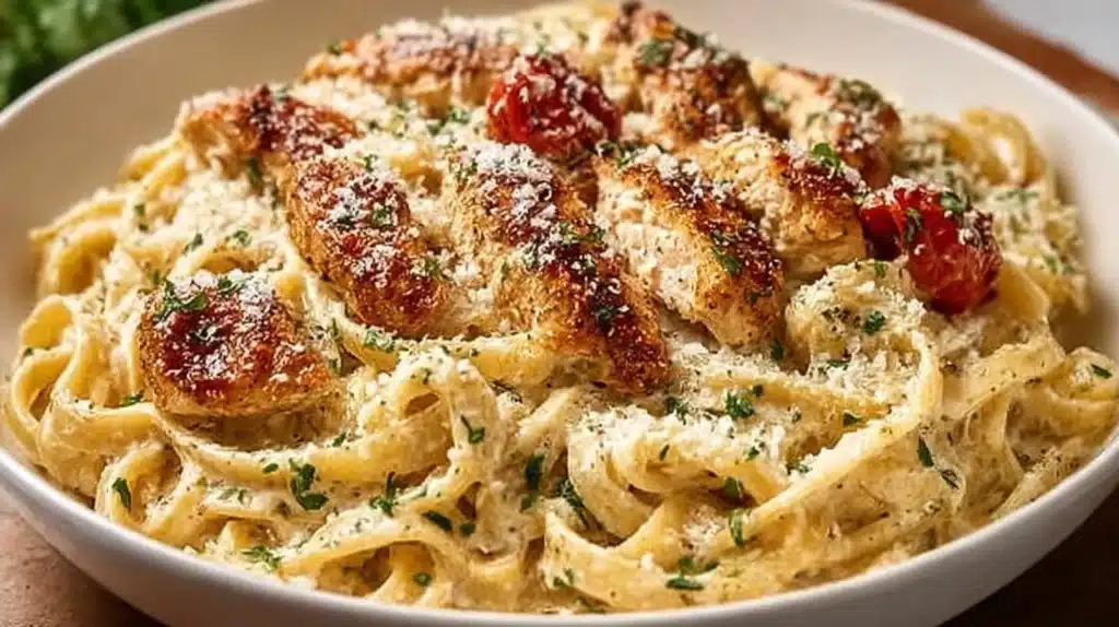 One-pot garlic parmesan chicken pasta with sun-dried tomatoes in a bowl.