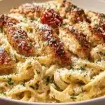 One-pot garlic parmesan chicken pasta with sun-dried tomatoes in a bowl.