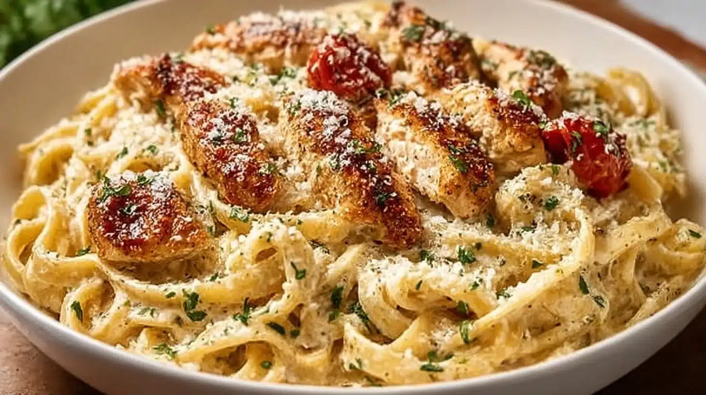 One-Pot Garlic Parmesan Chicken Pasta with Sun-Dried Tomatoes 1 One-pot garlic parmesan chicken pasta with sun-dried tomatoes in a bowl.