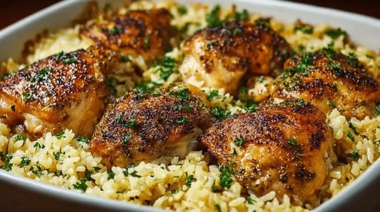 Oven-Baked Chicken and Rice Recipe for Easy Family Dinners 1 Delicious oven-baked chicken and rice served in a bowl with herbs and spices.