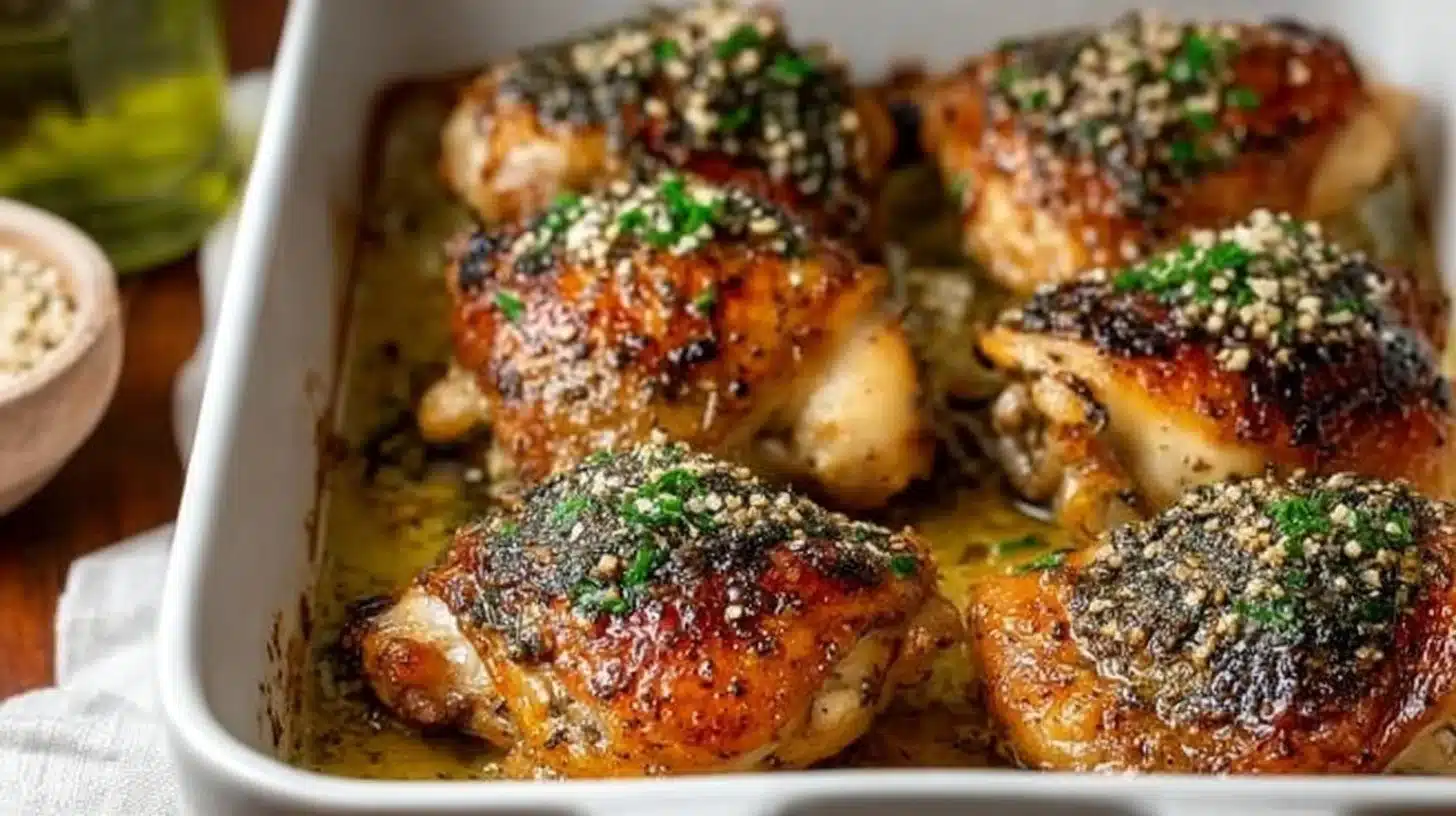 Easy Oven Baked Garlic Butter Chicken Thighs Everyone Will Love 1 Oven baked garlic butter chicken thighs served with herbs and lemon slices