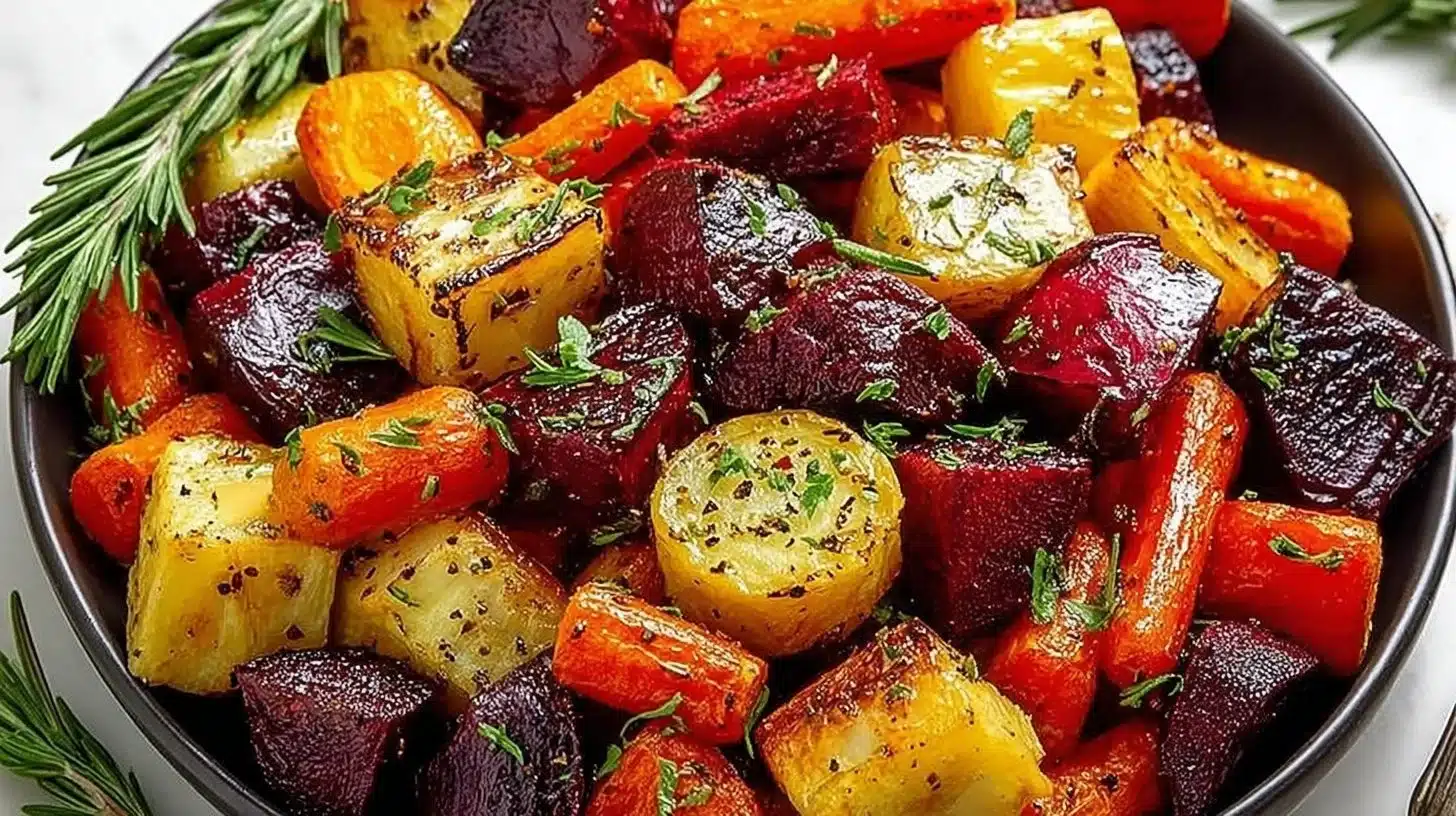 Colorful oven roasted root vegetables on a plate, seasoned and ready to serve.