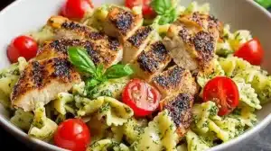 Pesto Pasta topped with grilled chicken and basil in a vibrant bowl