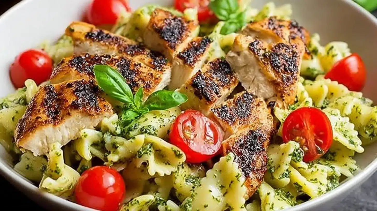 Pesto Pasta topped with grilled chicken and basil in a vibrant bowl