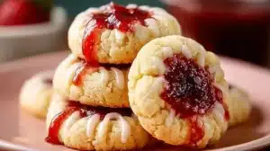 Pretty strawberry rhubarb thumbprint cookies on a baking tray