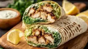 Delicious Quick Chicken Caesar Wrap with lettuce and dressing
