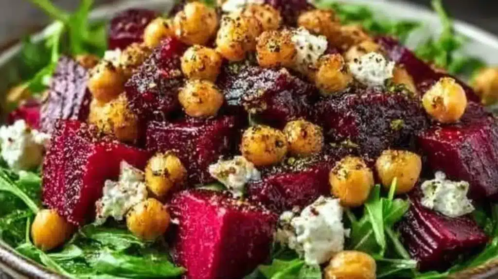 Roasted beet, arugula, and chickpea salad topped with lemon vinaigrette