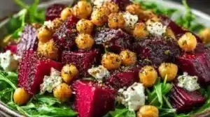 Roasted beet, arugula, and chickpea salad topped with lemon vinaigrette