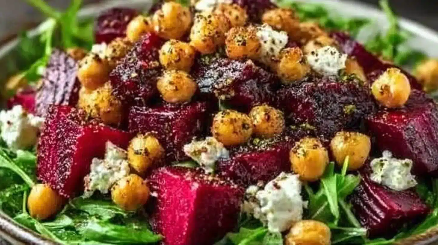 Roasted Beet, Arugula & Chickpea Salad with Lemon Vinaigrette 1 Roasted beet, arugula, and chickpea salad topped with lemon vinaigrette