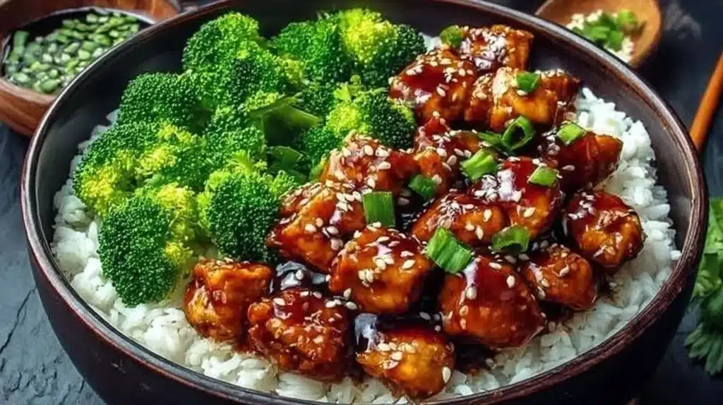 Savory sticky chicken rice bowls with vegetables and sauce