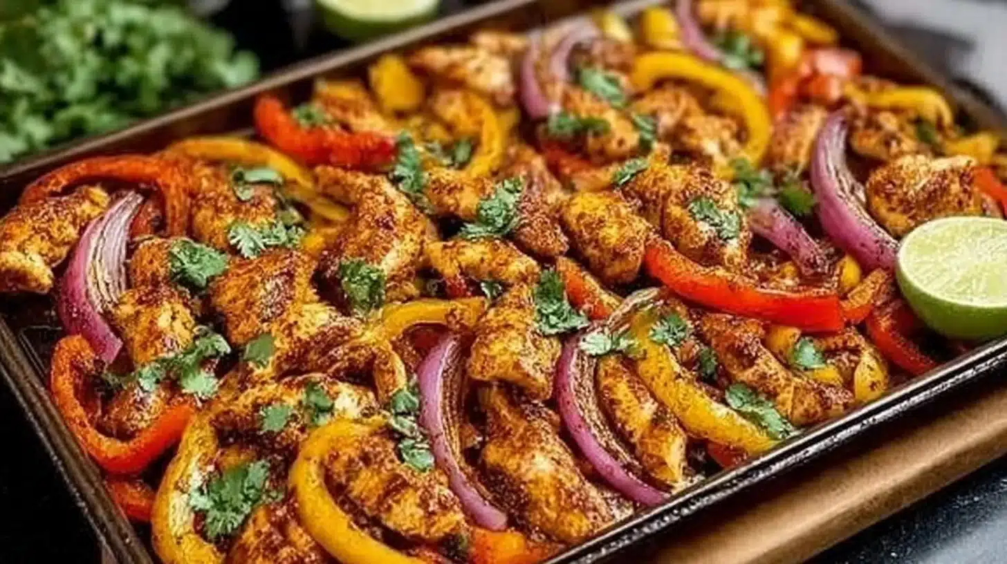 Sheet-Pan Chicken Fajitas with Peppers - Easy Weeknight Dinner 1 Sheet-pan chicken fajitas with colorful peppers on a dinner plate