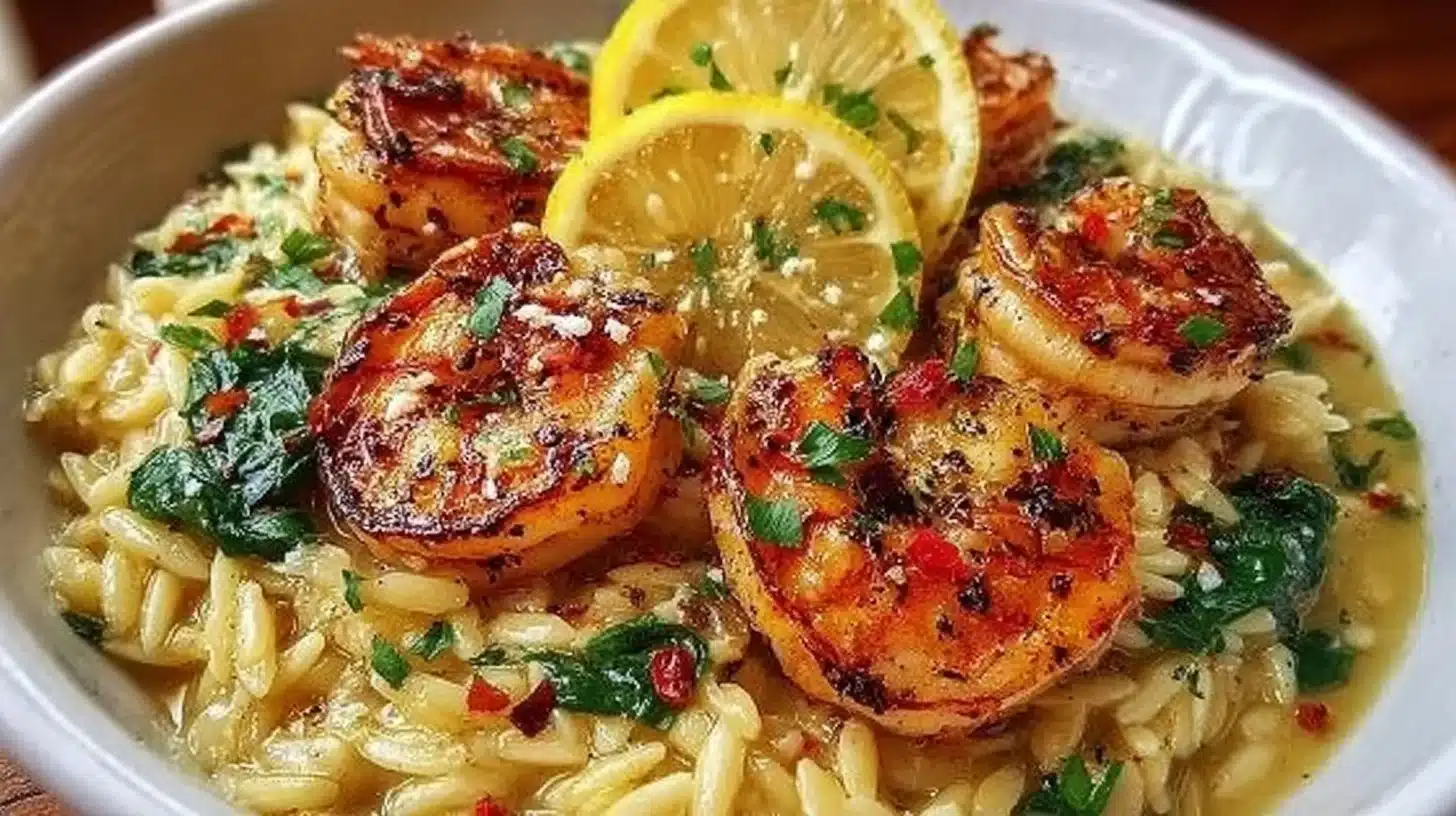Plate of shrimp orzo in lemon garlic sauce garnished with herbs