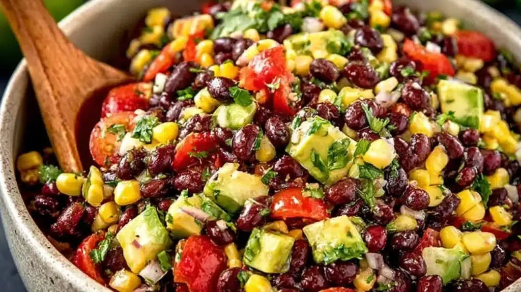 Simple black bean and corn salad in a white bowl, garnished with cilantro