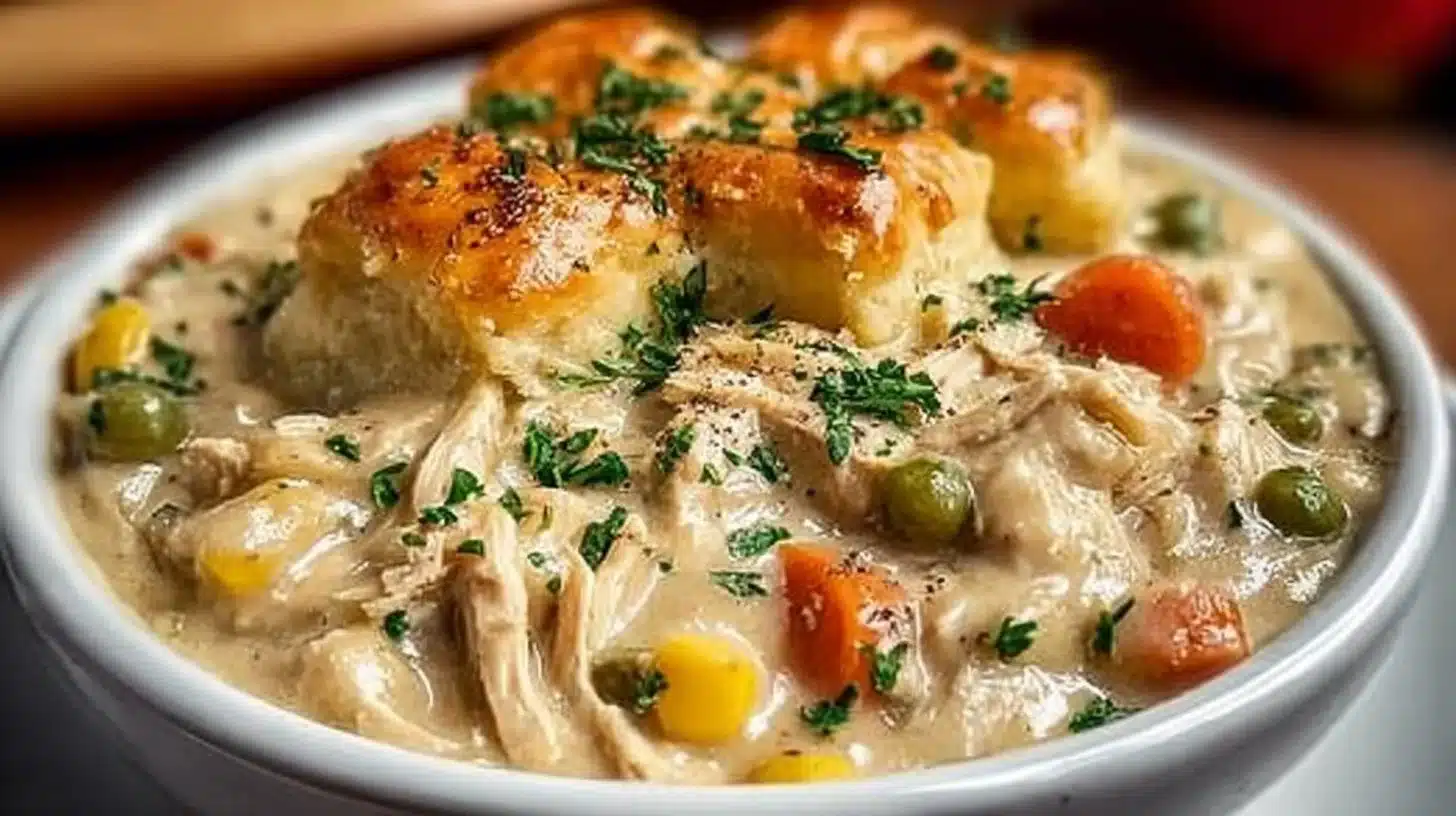 Easy Slow Cooker Chicken Pot Pie Everyone Will Love 1 Slow Cooker Chicken Pot Pie served in a bowl with vegetables