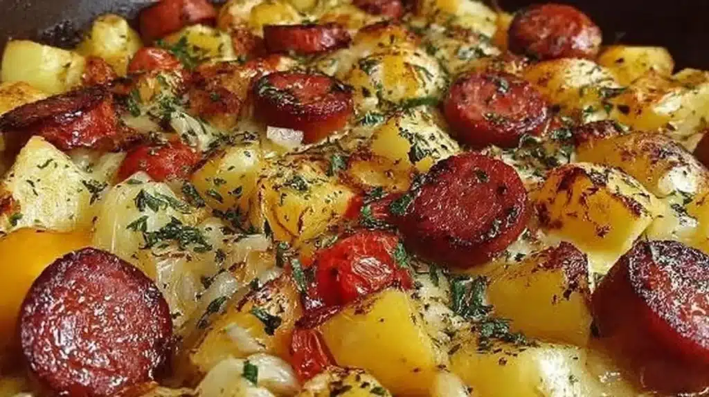 Smoked sausage and potato bake served in a casserole dish