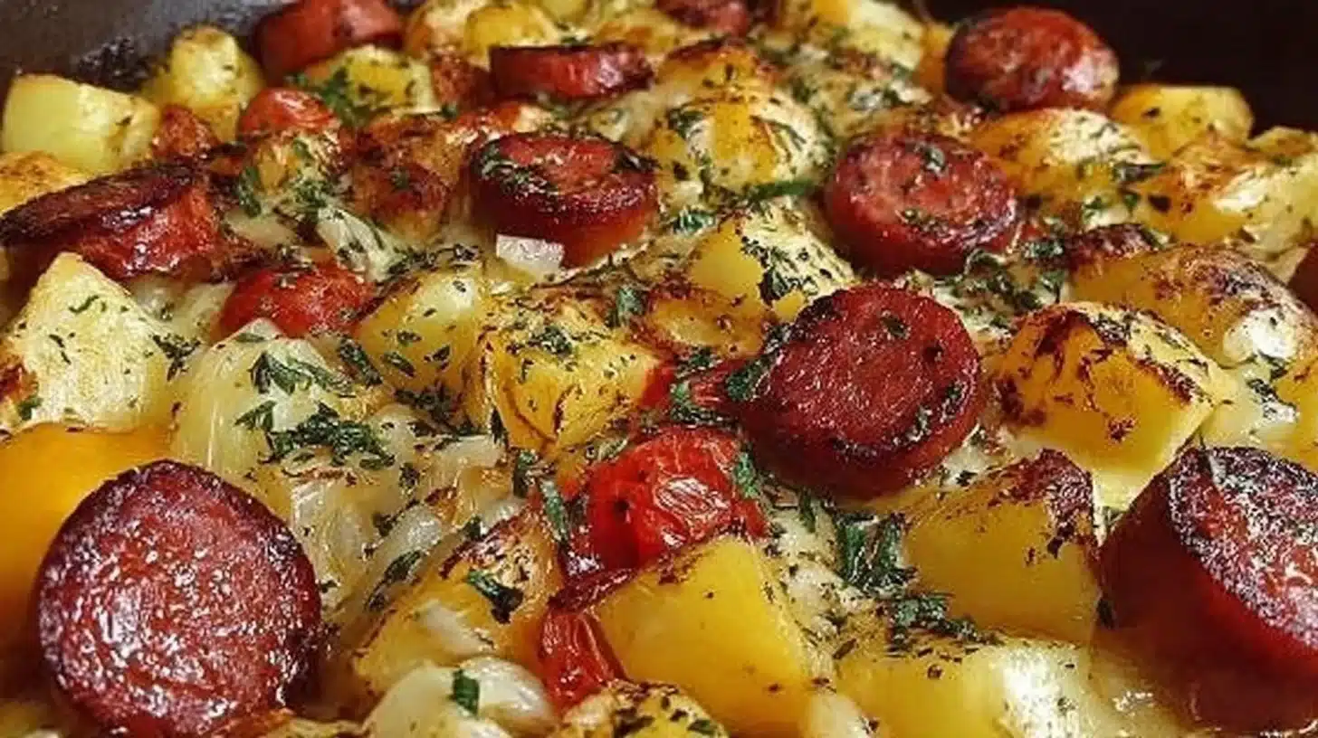 Smoked sausage and potato bake served in a casserole dish
