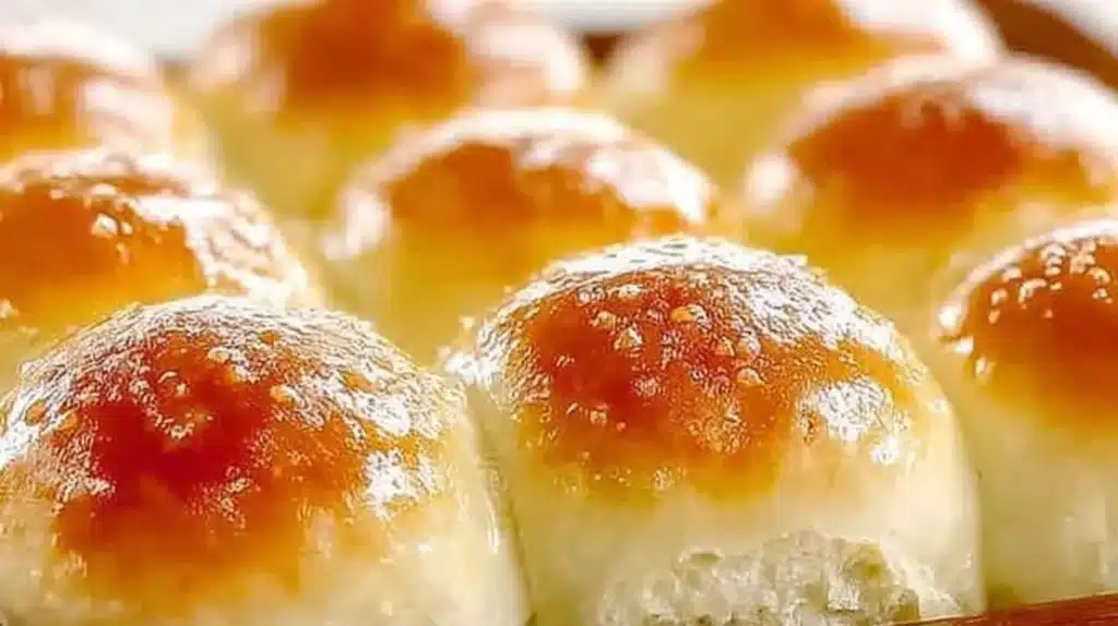 Freshly baked soft and buttery dinner rolls on a wooden table