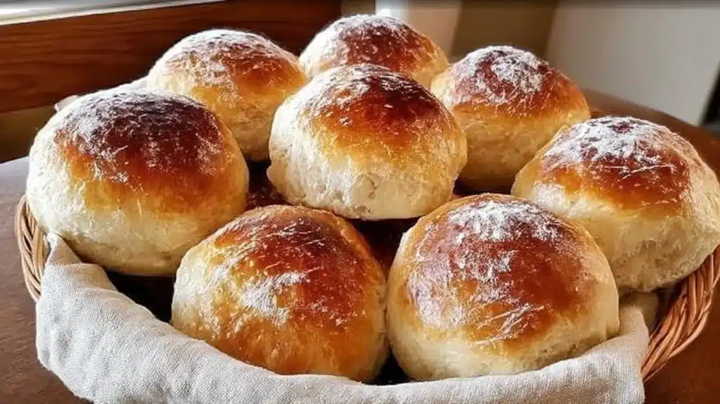 Freshly baked sourdough dinner rolls on a rustic wooden table.