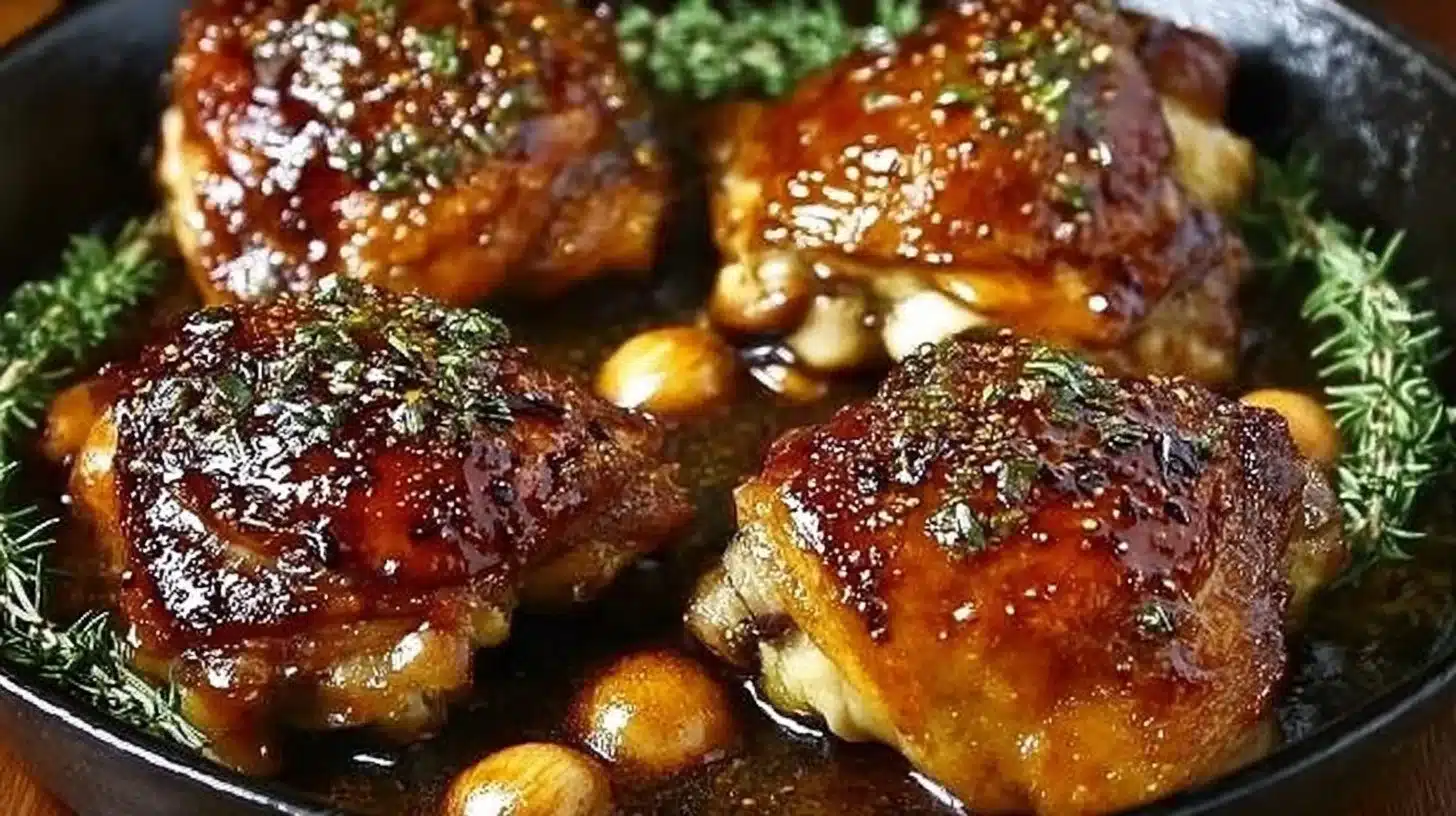 Sticky Baked Chicken Thighs for Easy Family Dinners 1 Delicious sticky baked chicken thighs garnished with herbs on a plate