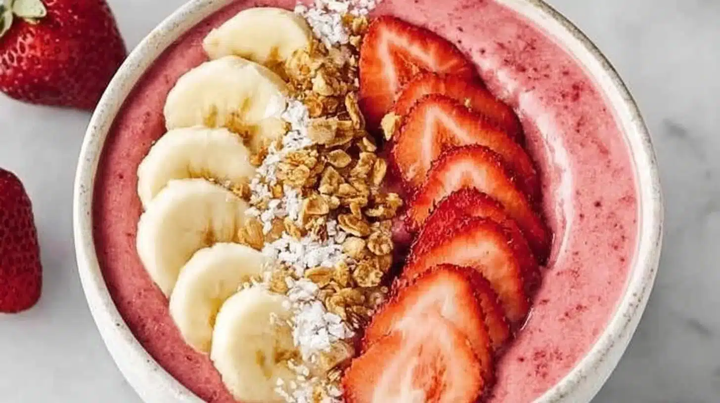 Strawberry Banana Smoothie Bowl with Creamy Yogurt and Fresh Toppings 1 Delicious Strawberry Banana Smoothie Bowl topped with fresh fruits and granola