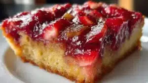 Strawberry Rhubarb Upside Down Cake topped with fresh strawberries
