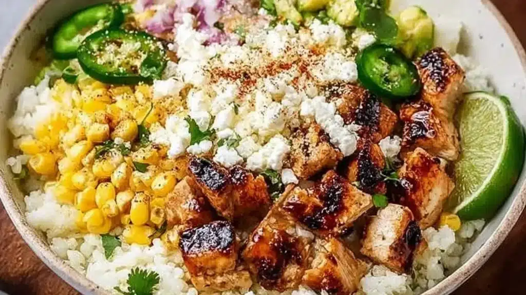 Delicious Street Corn Chicken Rice Bowl with grilled chicken and corn