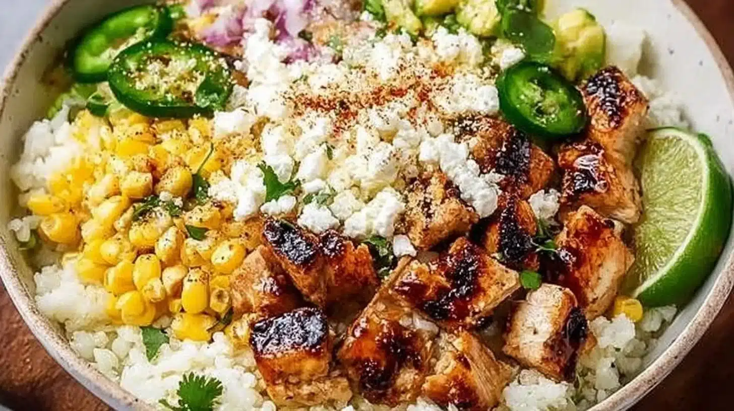 Healthy Street Corn Chicken Rice Bowl with Bold Flavor 1 Delicious Street Corn Chicken Rice Bowl with grilled chicken and corn