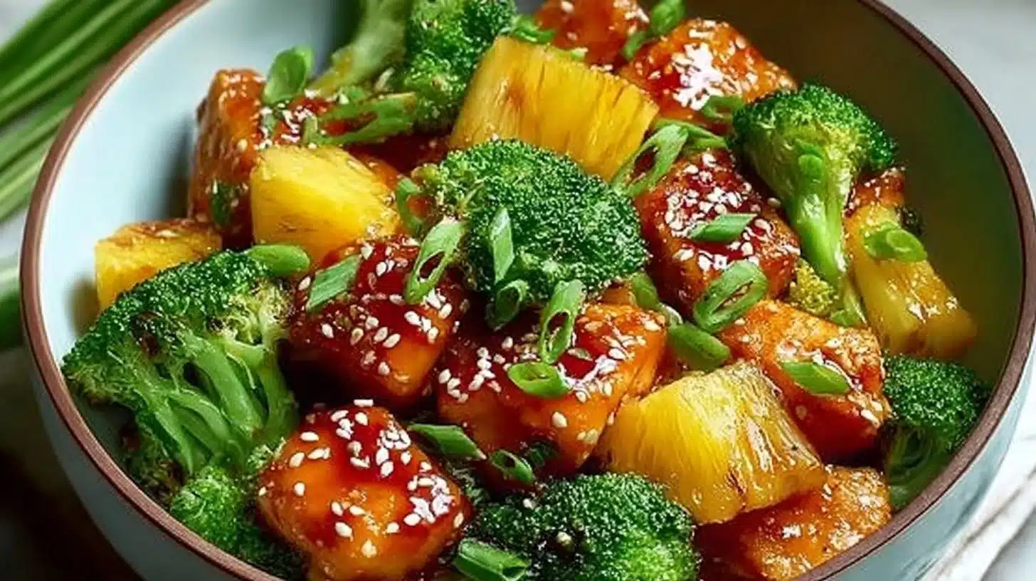 Sheet Pan Pineapple Chicken and Broccoli for Quick and Colorful Weeknight Meals 1 Delicious sheet pan pineapple chicken with broccoli served on a plate