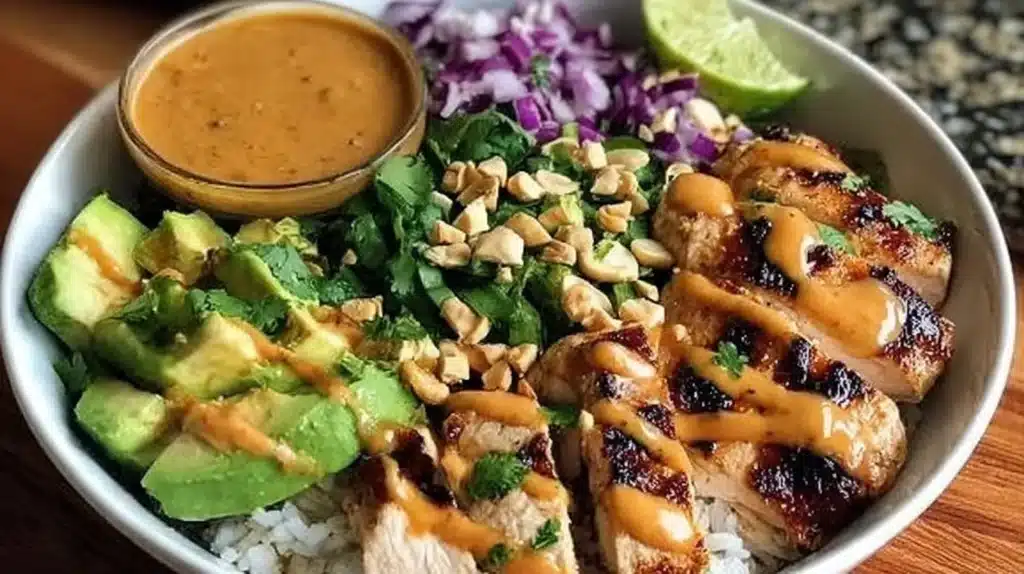 Thai Peanut Chicken Buddha Bowl with colorful veggies and tasty peanut sauce
