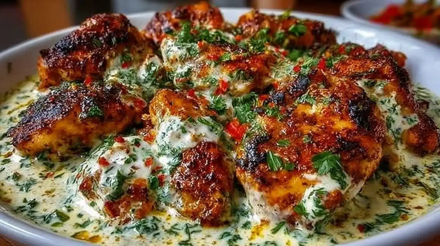 Turkish Creamy Chicken in Silky White Sauce with Herbs 1 Turkish creamy chicken in silky white sauce garnished with fresh herbs.